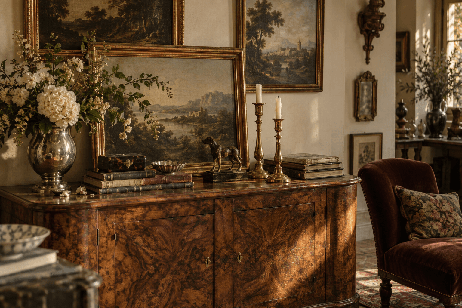 Sunlit antique console with art, silver, flowers, and a burgundy velvet chair